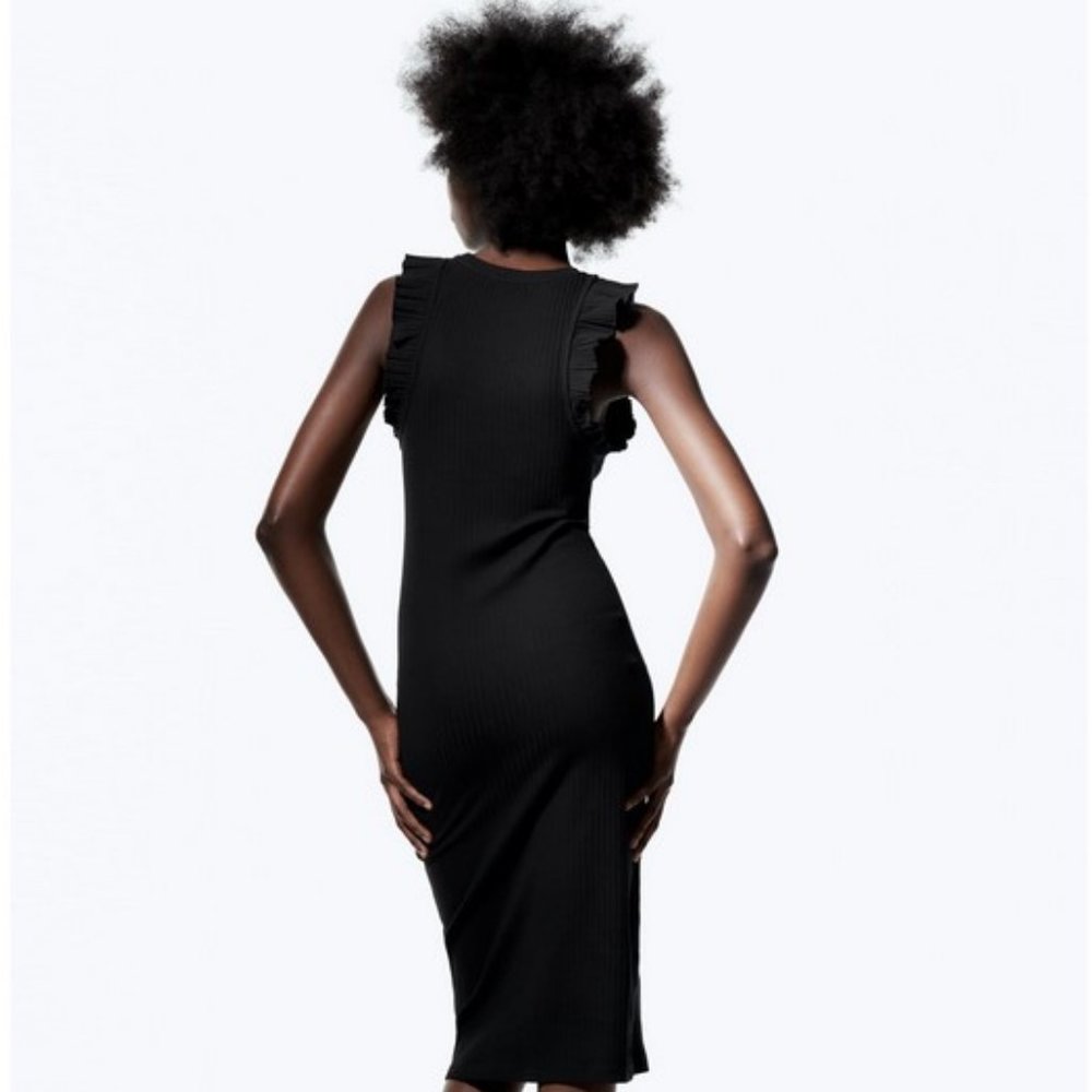 NEW Zara Ruffled Rib Dress Size XL Black - Picture 4 of 6